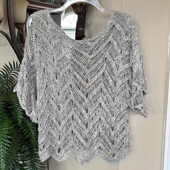 Eileen Fisher Sweater Gray Wonder Scallop Crochet Open-Weave Marled Italian Yarn - Picture 14 of 16